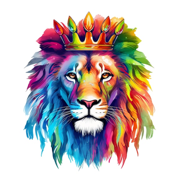 Lion PNG, Colorful Lion Sublimation, Lion Portrait PNG, Lion Illustration, DTG Printing, T-shirt Sublimation, rainbow lion wearing crown
