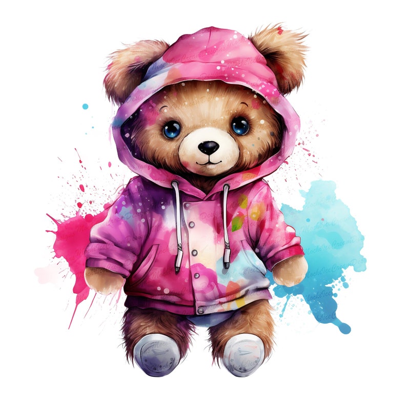 May include: A brown teddy bear wearing a pink and white hooded jacket with a tie-dye pattern. The bear has blue eyes and a cute expression. The background is a watercolor wash of pink and blue.