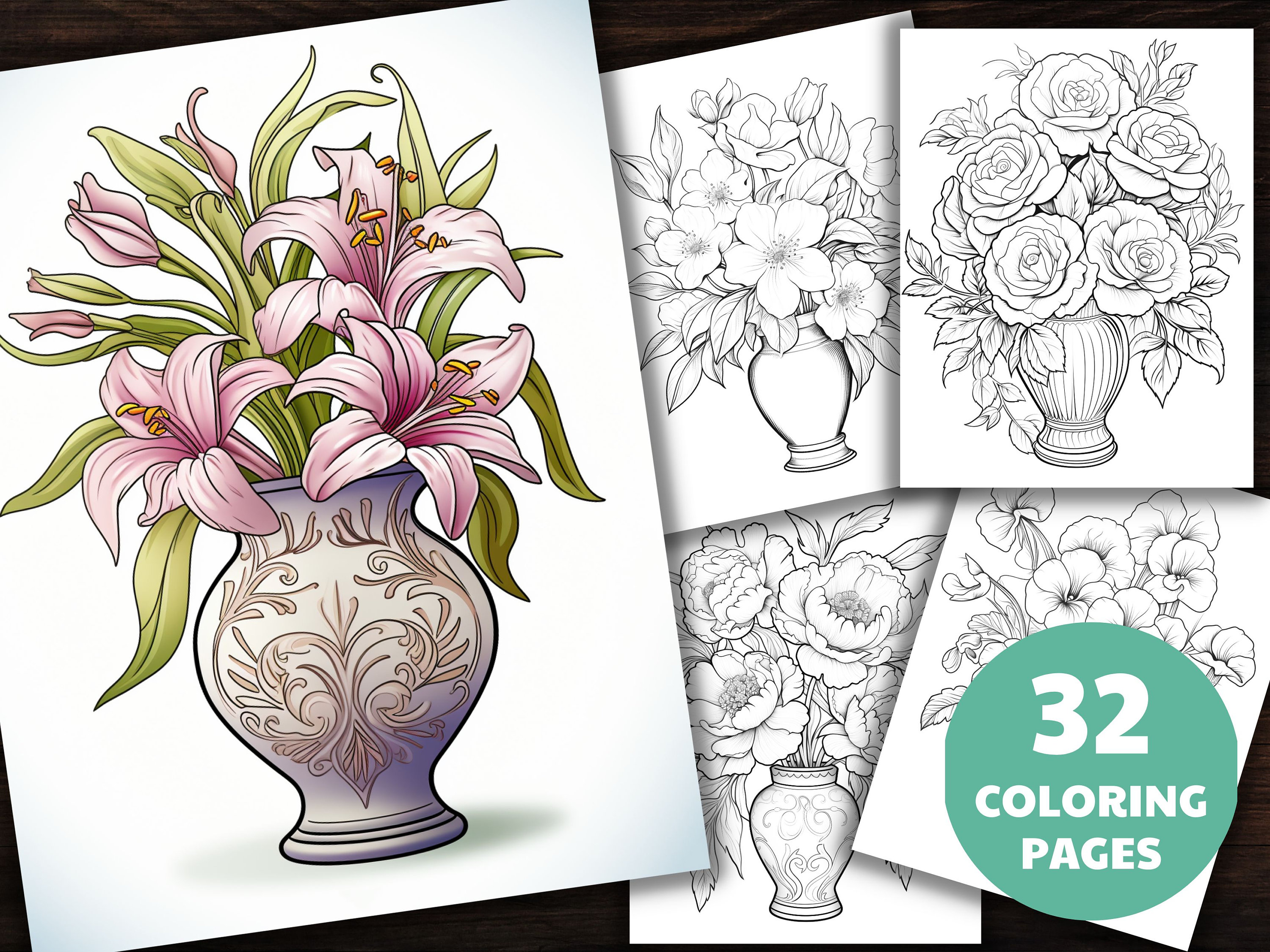 32 Printable Flower Coloring Pages, Coloring Book, Adults + Kids, Grayscale Coloring, Instant Download, Printable, A4 + US Letter, PDF