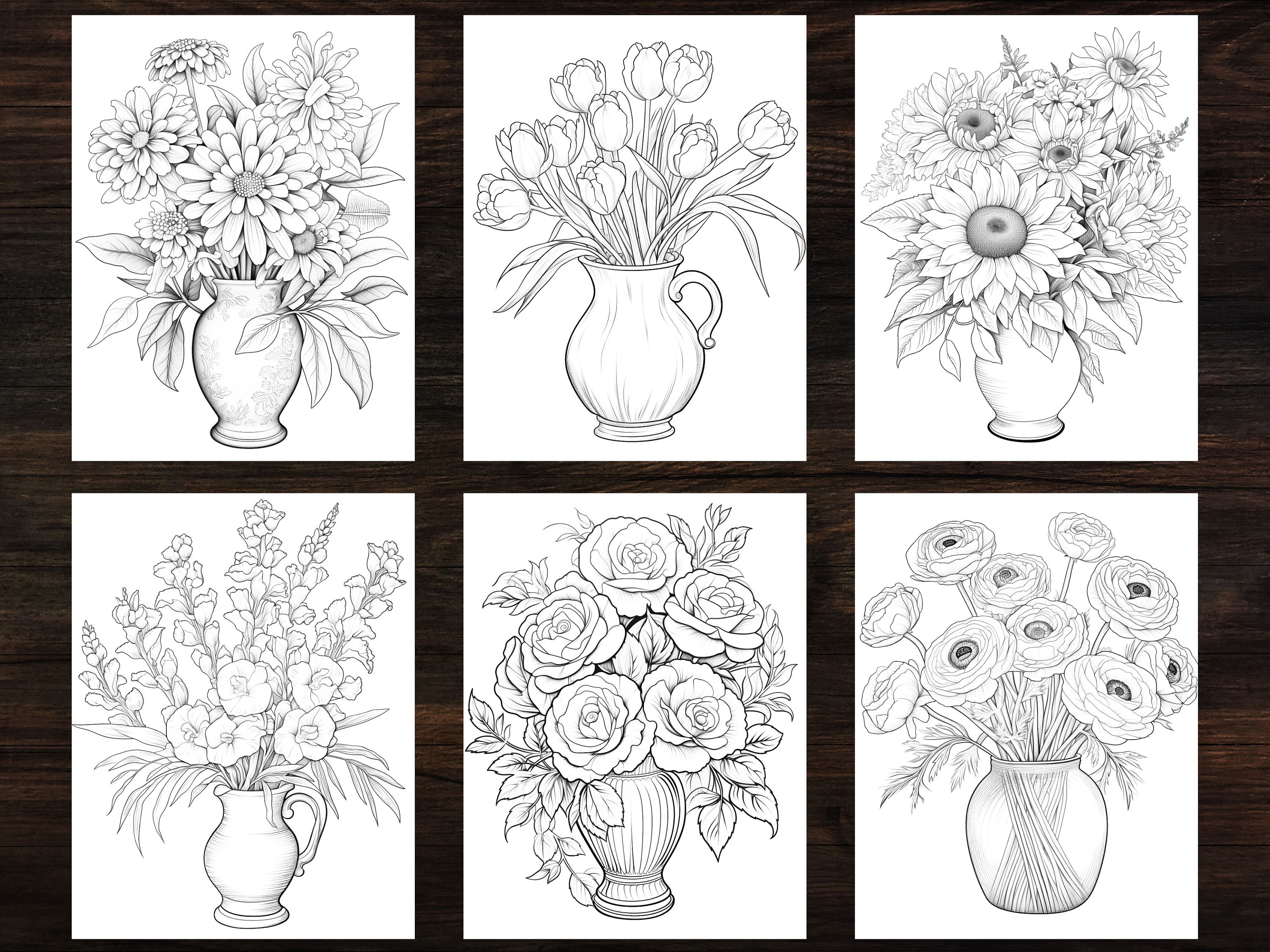 32 枚の印刷可能な花の塗り絵、塗り絵、大人 + 子供、グレースケール塗り絵、即時ダウンロード、印刷可能、A4 + US レター、PDF - Etsy  日本, image size:3000x2250