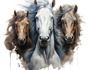 May include: Three horses with flowing manes, painted in a watercolor style. The horses are facing forward, with the white horse in the center and the brown horses on either side. The background is a soft, watercolor wash of blue and brown.