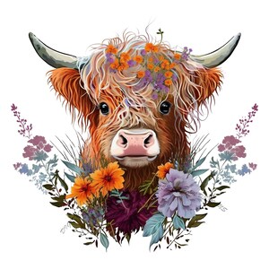 Highland longhaired Cow PNG, cute cow sublimation, flowers PNG graphic, watercolor clipart, cow baby, Highland calf PNG digital download