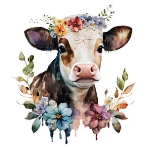 Cute cow with flowers png sublimation design download, hand drawn cow png, cow png, baby cow png, sublimate designs download