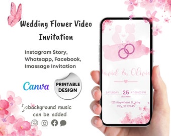 Invito a nozze con animazione digitale, invito a nozze con fiori rosa, iPhone Evite, modello digitale modificabile, download mobile