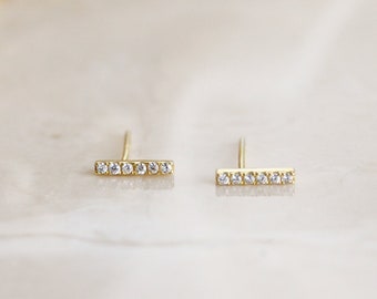 CZ Diamond Pave Bar Stud Earrings - Tiny Pave Bar Gold Stud Earrings, Dainty CZ Diamond Gold Bar Earring, 5 CZ Diamond Studs, Jewelry Gift