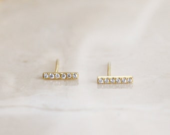 Pave Bar Studs - Tiny CZ Diamond Bar Earring, Gold Bar with Diamond Stud, Multi Piercing Gold Stud, Dainty Diamond Bar Stud, Jewelry Gift