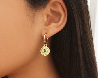 Coin Dangle Green Pendent Earrings - Green Stone Dangle Hoop, Statement Green Gold Earrings, Unique Boho Hoop, Coin Dangle Hoop,Jewelry Gift