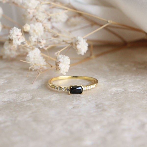 Baguette Onyx CZ Diamond Accents Stone Ring - Rectangle Black Onyx Layering Ring, Gold Onyx Stacking Ring, Dainty Vermeil Ring, Jewelry Gift