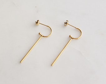 Unique Vertical Bar Dangle Hoops - Geometric Hoop with Long Dangle Bar Gold Earrings, Statement Thin Dangle Gold Hoop Earrings, Jewelry Gift