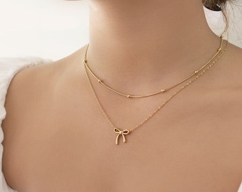 Colar de laço dourado - Colar de ouro com pingente de laço delicado, lindo colar de laço dourado, colar de laço simples em camadas, colar de laço, presente para ela