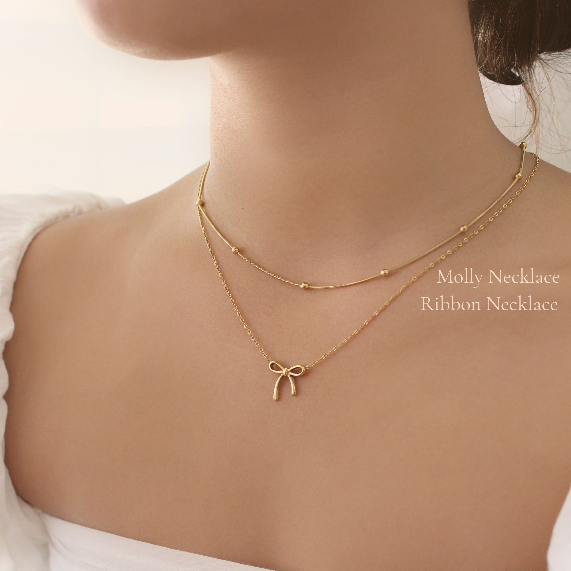 Ribbon Gold Necklace - Dainty Ribbon Pendent Gold Necklace