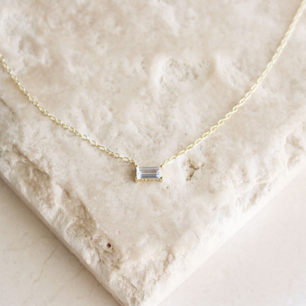 Rectangle CZ Diamond Gold Chain Necklace - Dainty Baguette Diamond Gold Necklace - Everyday Necklace - Layering Necklace - Jewelry Gift