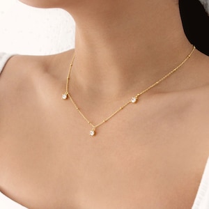 Multi CZ Diamond Satellite Chain Necklace - Dainty 3 CZ Diamond Necklace - Cubic Satellite Minimal Necklace - Gold CZ By the Yard Necklace