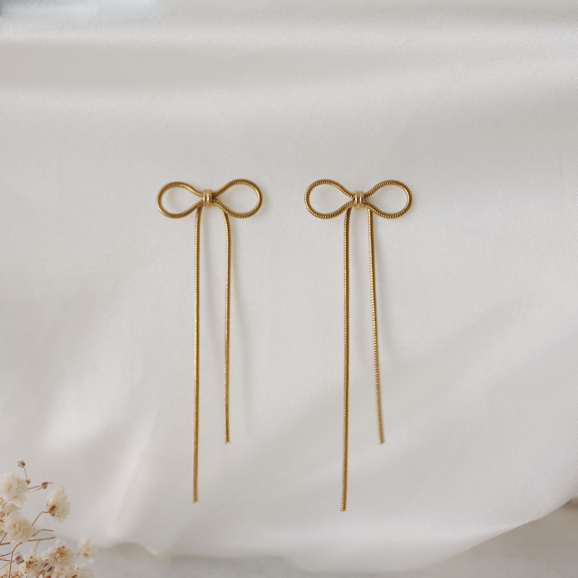 Ribbon Dangle Gold Earrings - Herringbone Long Dangle Ribbon Stud ...