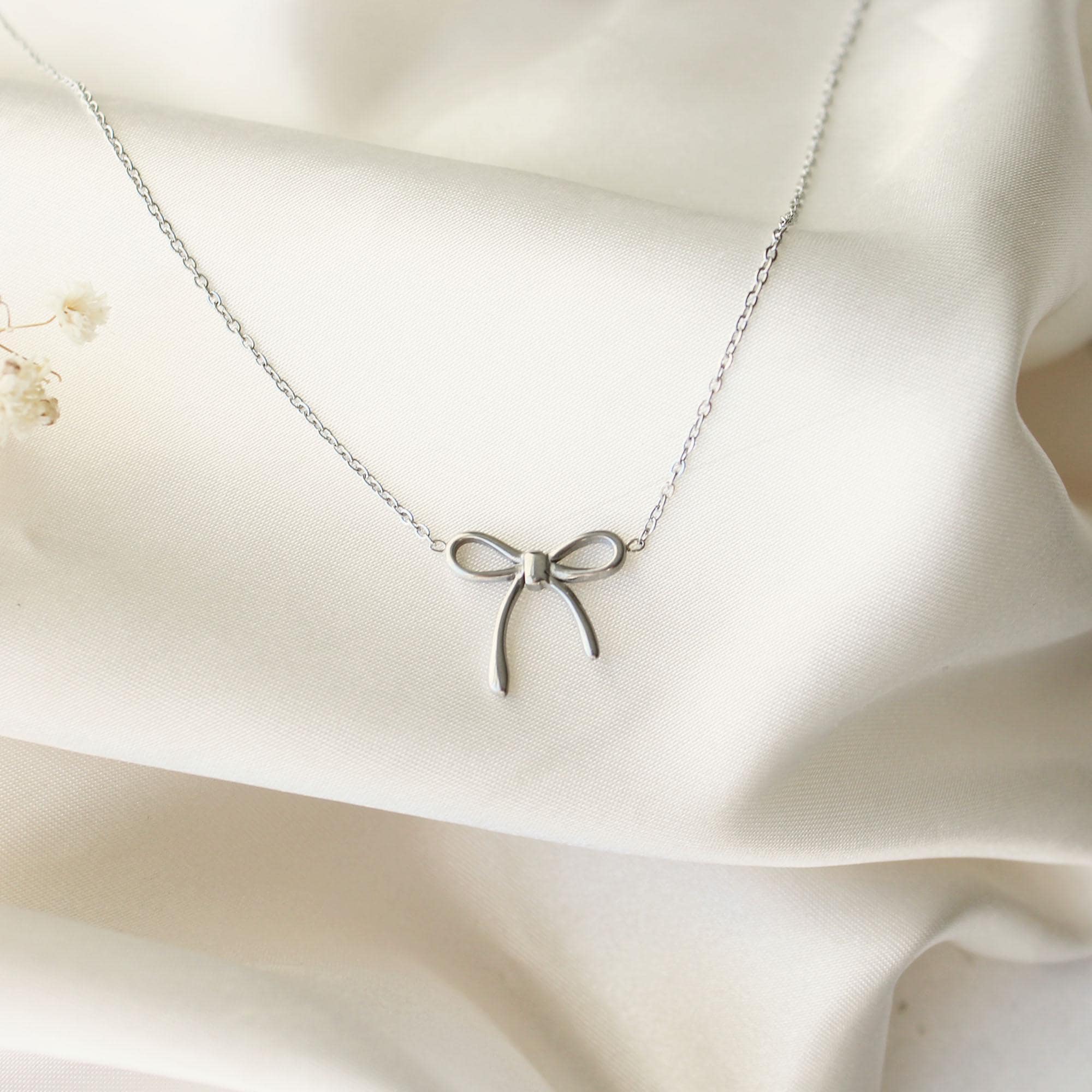 Ribbon Gold Necklace - Dainty Ribbon Pendent Gold Necklace