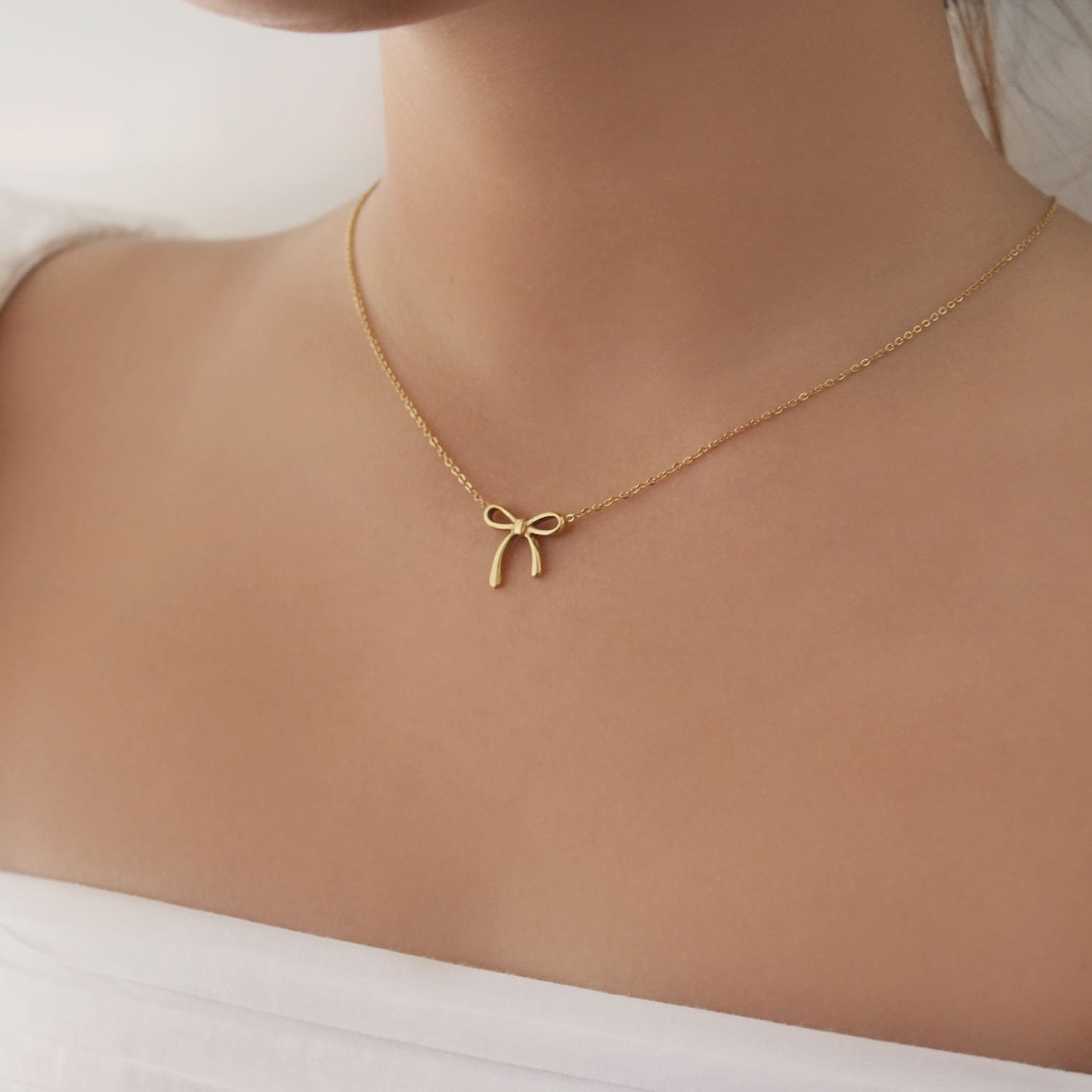 Ribbon Gold Necklace - Dainty Ribbon Pendent Gold Necklace - Beautiful ...