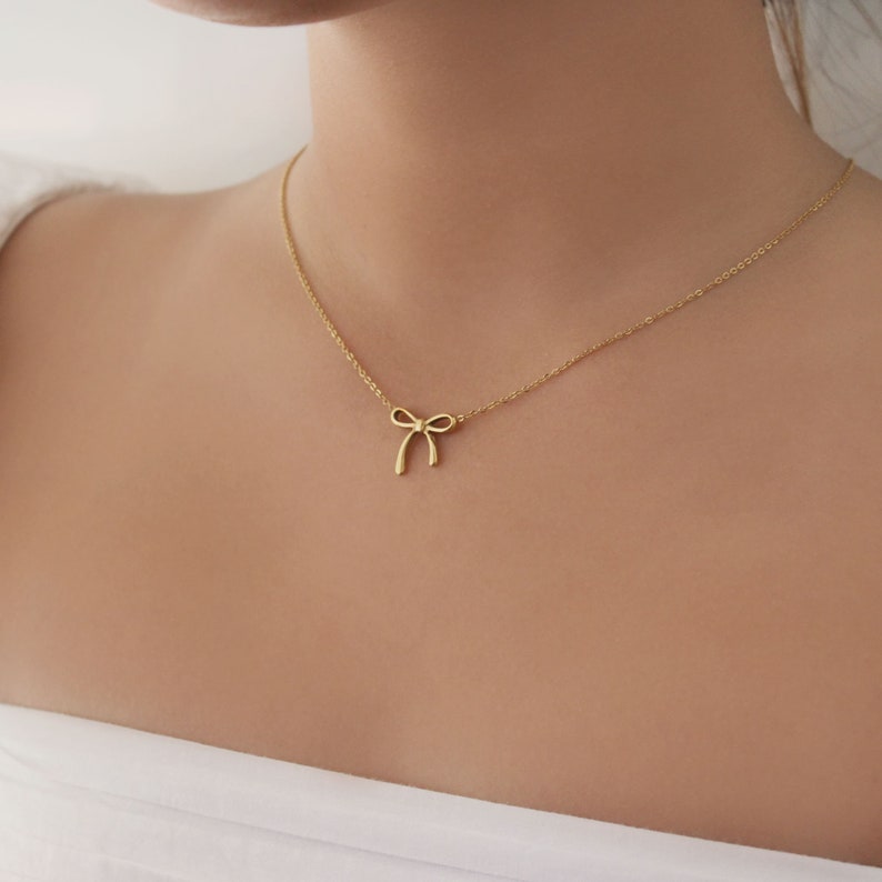 Ribbon Gold Necklace Dainty Ribbon Pendent Gold Necklace Beautiful Ribbon Gold Necklace Simple Layering Ribbon Necklace Gift for Her image 1