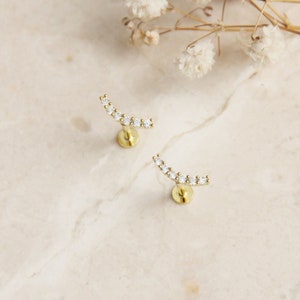 May include: Two gold-toned curved barbell earrings with a row of clear cubic zirconia stones.