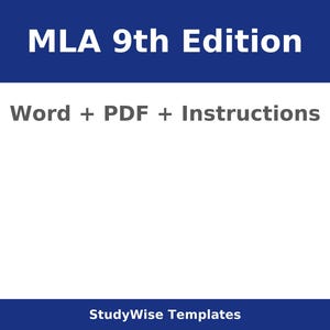 May include: A white background with the text "MLA 9th Edition" in white letters on a dark blue banner. Below, the text "Word + PDF + Instructions" is displayed. At the bottom, the text "StudyWise Templates" is shown.