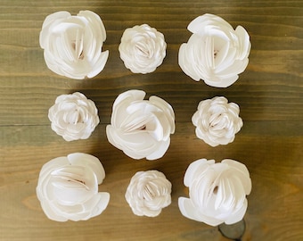 9 White Rolled Paper Flower Roses For Crafting
