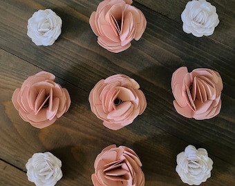 9 Pink and White Rolled Paper Flower Roses For Crafting