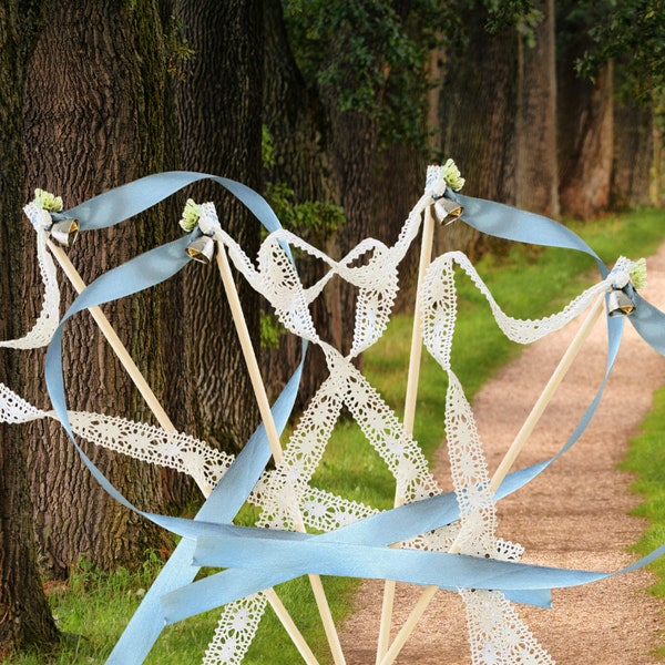 50 Country Send Off Wedding Wands with Blush or Blue and Lace with Bells