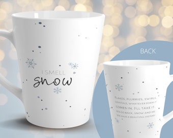 Jag luktar snömugg, jag luktar snö-present, vintermugg, julklappsmugg, Lorelai-citat, mugg jag luktar snö, lattemugg, snöflinga, snöig