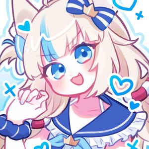 May include: Anime-style illustration of a character with light blonde hair, blue eyes, and a sailor-style outfit. The character has cat-like ears and is surrounded by blue hearts and crosses. The color palette is primarily blue, white, and pink.
