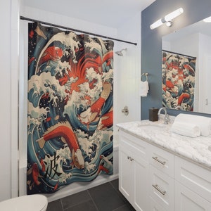 Ocean Kois, Japanese art bathroom home decor print fish and ocean tsunami, Shower Curtains