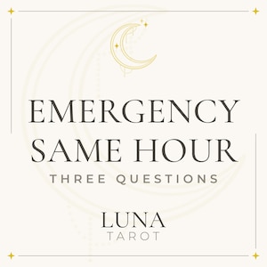 May include: A square graphic with a cream background featuring a gold crescent moon icon at the top. The text reads EMERGENCY SAME HOUR THREE QUESTIONS LUNA TAROT in dark gray serif font. Four small gold stars are positioned at the corners of the frame.