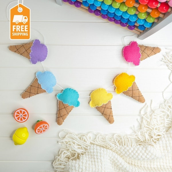 Ice Cream Garland - Felt Wall Hanging for Playroom - Cute Girly Nursery Decor - Ice Cream Bunting - Colorful Spring Banner - Summer Deco