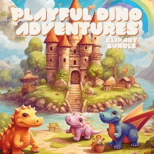 Märchen Dinosaurier Clip Art Pack | PNG | Verspielte Charaktere & verzauberte Hintergründe | Sofortdownload | Kommerzielle Nutzung | Clip Art