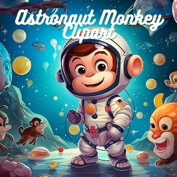 Cosmonaut Monkeys Digital Clipart Pack | PNG | Fairy Tale Characters & Celestial Planet Backgrounds | Instant Download | Commercial Use