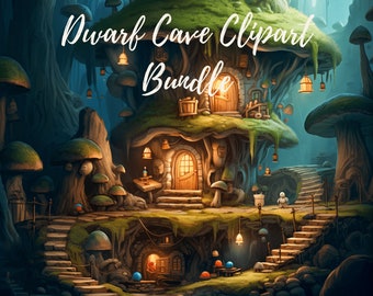 Fairy Tale Dwarfs Digital Clipart Pack | PNG | Dwarf Characters & Enchanting Cave Backgrounds | Instant Download | Commercial Use | Clipart