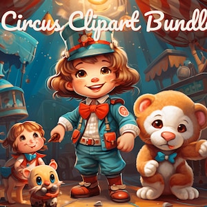 Niedliche Zirkus Charaktere Digital Clipart Pack | PNG | Zirkusartisten & zauberhafte Hintergründe | Sofortdownload | Kommerzielle Nutzung | Zirkus