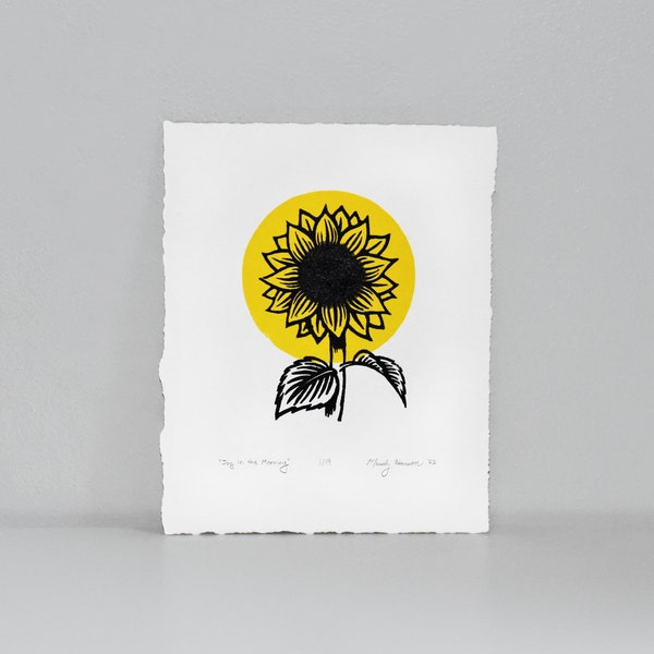 Joy in the Morning - 2-Color 8x10” Original Handmade Sunflower Linocut Print, Fine Art Print