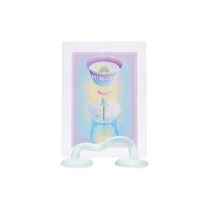 May include: A white photo frame with a colorful abstract design inside. The frame is held up by a clear, wavy stand with two round bases.
