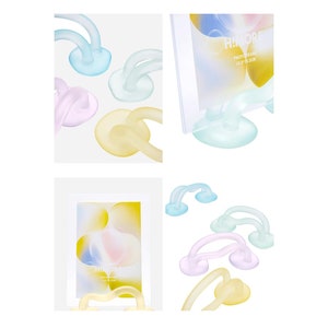 May include: Set of six colorful, translucent plastic photo frame stands. Each stand features a unique, curved design. The stands are designed to hold a 10.1 x 15.2 cm photo frame.