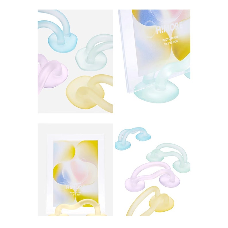 May include: Set of six colorful, translucent plastic photo frame stands. Each stand features a unique, curved design. The stands are designed to hold a 10.1 x 15.2 cm photo frame.
