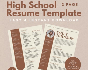 May include: A two-page high school resume template with a modern design. The resume includes sections for skills, activities, volunteer experience, and awards. The template also features a photo and contact information. The text reads "Easy & Instant Download."