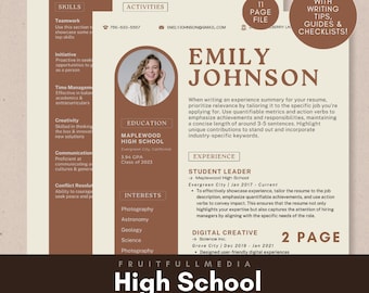 May include: A resume template with a brown and beige color scheme. The template includes sections for skills, education, experience, and interests. The text "High School Resume Template" is at the bottom. The template is an easy and instant download.