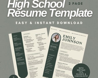May include: A two-page high school resume template with a light beige background. The text "High School Resume Template" is at the top. The resume includes sections for skills, activities, experience, and interests. The text "Easy & Instant Download" is also visible.