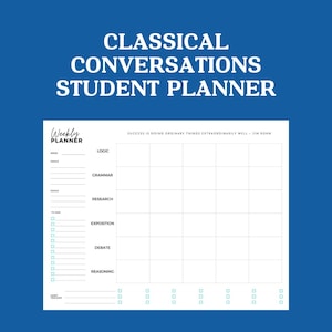 Può includere: Un pianificatore per studenti bianco con il testo "CLASSICAL CONVERSATIONS STUDENT PLANNER" in bianco. Il pianificatore include sezioni per la pianificazione settimanale, gli obiettivi e il monitoraggio delle abitudini, con sfondo blu.