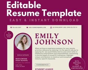 High School Resume Template | Canva Teen Resume for College Applications, Scholarships, Jobs | Customizable with Cover Letter CV