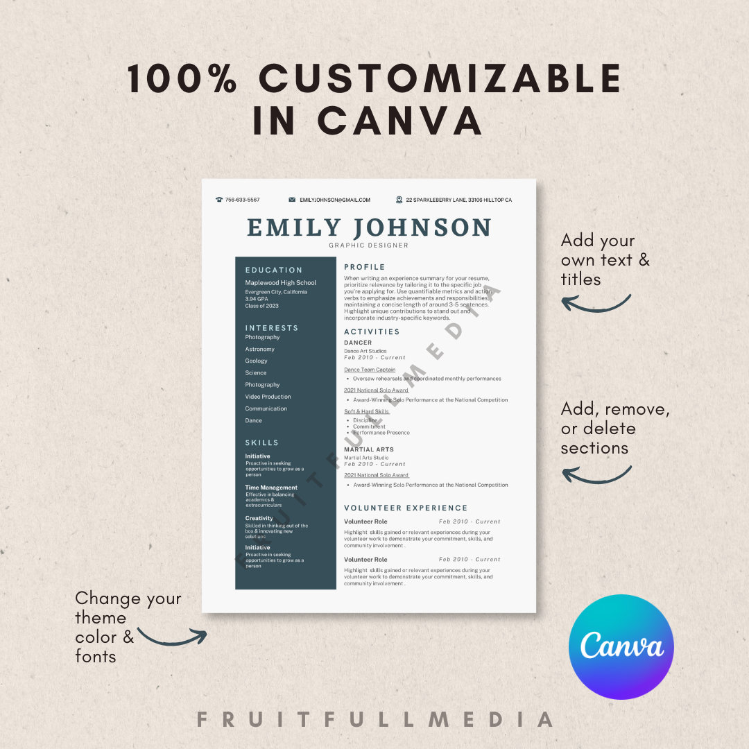 College Resume Canva Template for Students Printable High School ...