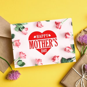 Tarjeta de felicitación del Día de la Madre Imprimible, Rosas Rosadas Tarjeta Simple del Día de la Madre, Tarjeta Floral, Descarga Digital, Canva Made