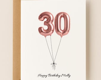 Personalized 30th Birthday Card, Custom Name and Message, Number Balloons