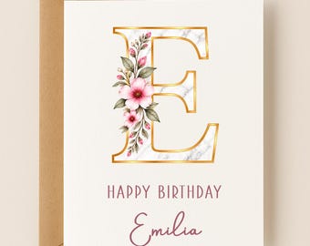 Personalized Letter E Floral Birthday Card, Custom Name Card for Her, Gold Initial Monogram