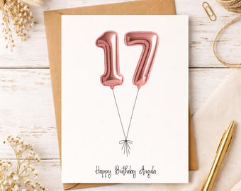 Personalized 17th Birthday Card, Custom Name and Message, Number Balloons
