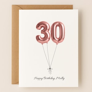 Personalized 30th Birthday Card, Custom Name and Message, Number Balloons